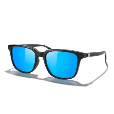 Imagem de Óculos de sol unissex retangulares polarizados vintage para homens/mulheres, pernas de alumínio, Armação preta/lente espelhada azul/hastes pretas, Lens Width:55 Millimeters