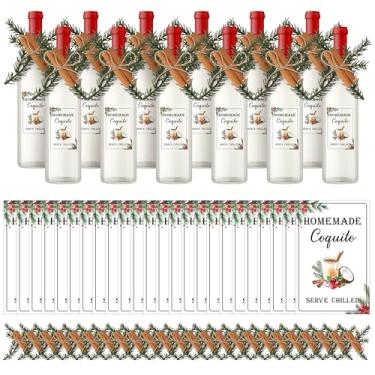 Imagem de COcnny Adesivos de garrafa de vinho Coquito – Conjunto de 24 etiquetas natalinas de coquito com ramos de pinheiro, decoração de canela para garrafa de vinho de licor de coco, adesivos feitos à mão