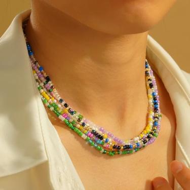 Imagem de Conjunto de 5 colares de contas multicoloridas para mulheres – Colar gargantilha delicada com contas multifios, colar hipoalergênico que não mancha, presentes personalizados de Natal, aniversário