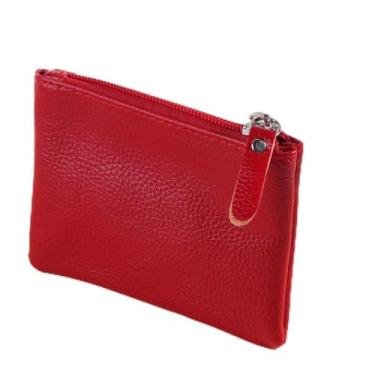 Imagem de Bolsa de couro PU para dinheiro, porta-cartão de crédito, bolsa clássica com bolso com zíper para dinheiro, moeda, recibo, Vermelho