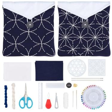 Imagem de WEBEEDY 2 conjuntos de bolsas Sashiko DIY kit de bolsa de bordado japonês para iniciantes, carteira de bordado completa com modelos Sashiko, agulhas, linha para mulheres, bordado faça você mesmo