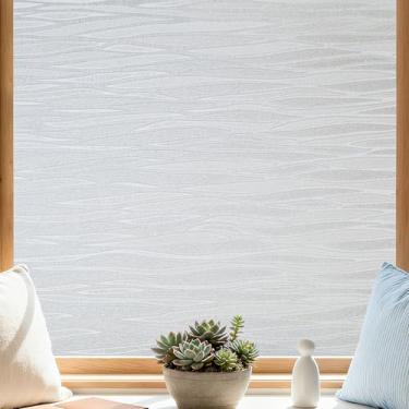 Imagem de Finnez Película de privacidade fosca para janela com aderência estática, capa decorativa não adesiva para portas e janelas de vidro, sem cola, adesivos removíveis, design de ondas com bloqueio de UV