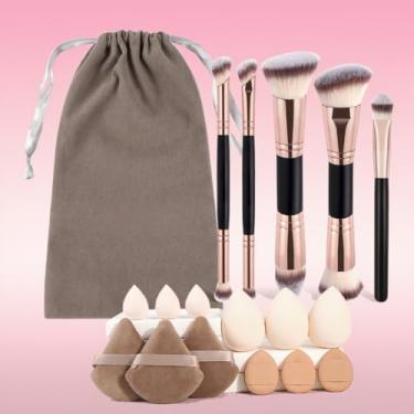 Imagem de Conjunto de pincéis de maquiagem de 18 peças, 5 pincéis de maquiagem profissionais, 12 puffs e uma bolsa de flanela confortável (preto dourado)