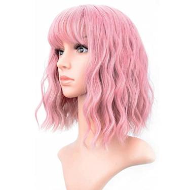 Imagem de Zhjvihx Peruca Encaracolada, Rosa Longo Encaracolado Ondulado Perucas Ampla Aplicabilidade Prática Malha Respirável de Alta Temperatura do Cabelo Sintético para Aniversários