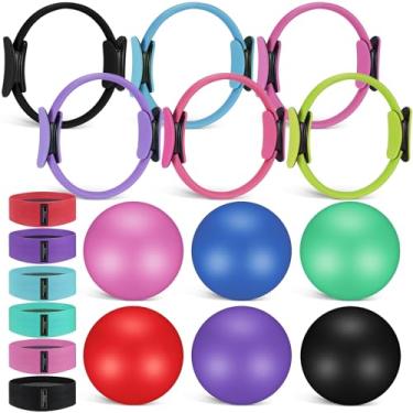 Imagem de Seenelling Conjunto de 18 peças de anel e bola de pilates com faixas de resistência, equipamento de pilates para treino doméstico, círculo mágico de 29 cm com alças acolchoadas, mini bola para força