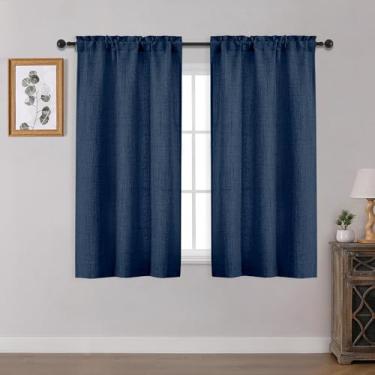 Imagem de OWENIE Cortinas curtas azul marinho para janela pequena, 113 cm de comprimento, conjunto de 2 painéis para quarto, sala de estar, armário de banheiro, porão, cortinas de cozinha curtas texturizadas