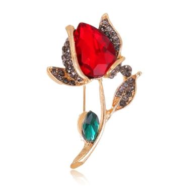 Imagem de QLYOVWE Broche de flor de rosa vermelha para mulheres e homens elegante flor de cristal broche de lapela retrô terno chapéu acessórios de vestido casamento dia dos namorados joias presente, Standard