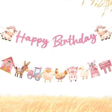 Imagem de 2 peças de banner de animais de fazenda, faixa de animais de celeiro para meninos meninas tema fazenda chá de bebê e suprimentos de festa de aniversário (rosa feliz)