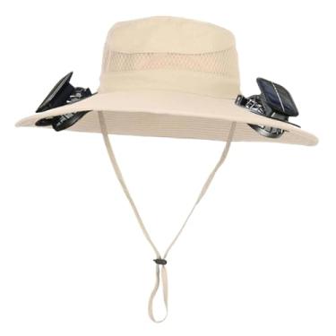 Imagem de Vaveren Chapéu de sol de aba larga com ventilador solar e 2 ventiladores solares, boné de pescador respirável e recarregável para camping, viagens, esportes, Cáqui