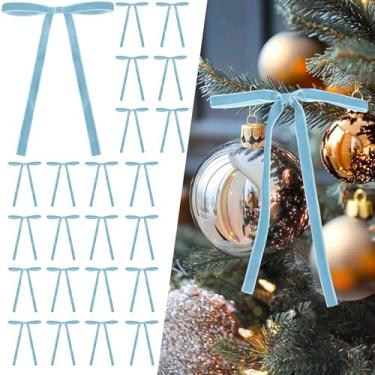 Imagem de Curvier 25 peças de laços de árvore de Natal de veludo vintage laços de fita pré-amarrados para decoração de guirlanda de porta, presente, escada, 12 x 18 cm, 9,5 cm de largura, azul claro
