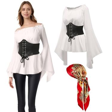 Imagem de rumnigh Fantasia feminina de pirata, blusa, espartilho e cinto, fantasia medieval renascentista, camisa de pirata com ombro de fora (branca, grande)