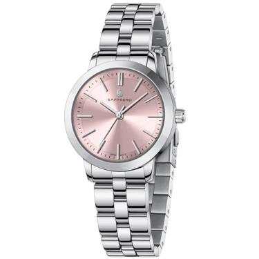 Imagem de SAPPHERO Relógio de pulso feminino de luxo para mulheres, pulseira pequena, de aço inoxidável, analógico, 5 ATM, à prova d'água, Pulseira prateada/rosto rosa
