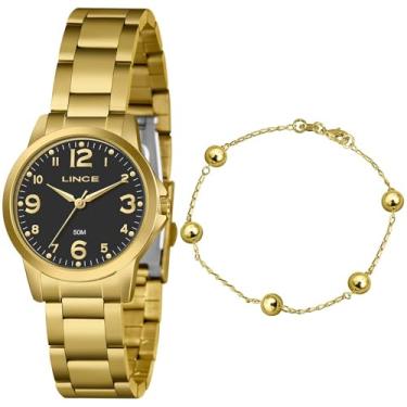 Imagem de Relógio Feminino Dourado Lince Mostrador Preto Kit com Pulseira LRG4847L32 K0ID