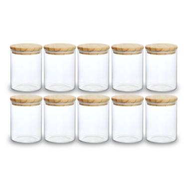 Imagem de Kit 10 Potes de Mantimentos Herméticos 300ml Pote Redondo de Vidro Tampa De Bambu Premium