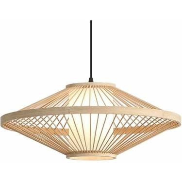 Imagem de WLHAZMWY Luminária pendente oval tecida à mão abajur estilo chinês antigo lanterna de pergaminho falso luminária pendurada sudeste asiático (bambu natural, 60 cm)