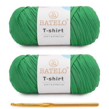 Imagem de BATELO Pacote com 2 fios de camiseta para iniciantes de crochê/cesta/porta-copos de 400 g/144 m de tecido de poliéster grosso elástico (verde esmeralda)