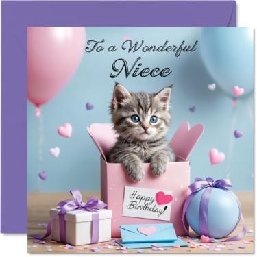 Imagem de Stuff4 Cartão de aniversário de sobrinha - Presente de gato - Cartão de feliz aniversário para sobrinha de tia tio, cartões comemorativos de presente de gato de 14 cm