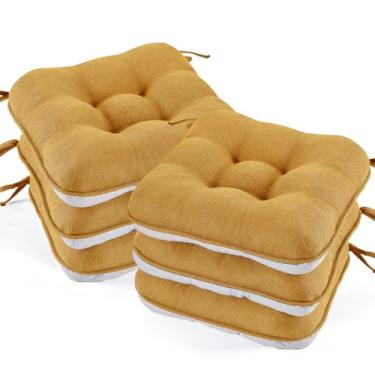 Imagem de BETU Conjunto de almofadas de cadeira para cadeiras de jantar com 6,3 cm de espessura, almofadas de mesa de cozinha com laços, suporte e capas antiderrapantes, almofada de assento para sala de jantar