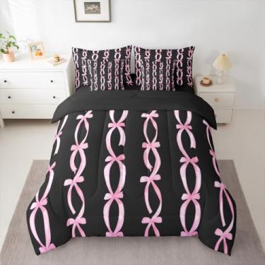 Imagem de jejeloiu Conjunto de edredom com laço para meninas, 7 peças, tamanho casal, rosa e preto, para crianças, adolescentes, decoração de quarto, microfibra leve e macia