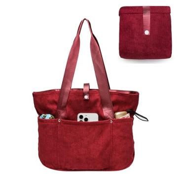 Imagem de mcuvaec Bolsa feminina de veludo cotelê, bolsa dobrável com zíper, bolsa de ombro grande, bolsas e bolsas para trabalho e viagens, Bolsa de veludo cotelê - vermelha, Medium