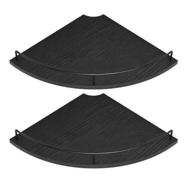 Imagem de FNBAR Prateleiras flutuantes de canto, madeira marrom rústica, conjunto de 2, armazenamento de parede com corrimão para banheiro, cozinha, sala de estar (preto)