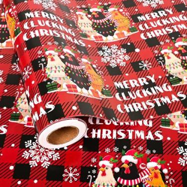 Imagem de Altarho Rolo de papel de embrulho de frango para o Natal - Engraçado Vermelho Preto Buffalo Xadrez Embrulho com texto de Natal Merry Clucking Design para celebração de Natal Decoração de Natal Total