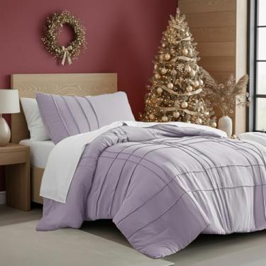 Imagem de Conjunto de edredom solteiro com pregas de beliscar – jogo de cama de 2 peças com padrão quadriculado – microfibra pré-lavada, leve e fofo, tamanho solteiro, lavanda, aquecimento para todas as