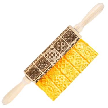Imagem de Rolo de massa de madeira de faia, prensa de cozinha vintage em relevo, máquina de biscoitos para todas as idades, ferramenta decorativa para festas e feriados