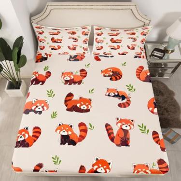 Imagem de Jogo de cama casal fofo de panda vermelho, desenho kawaii, animais selvagens, folhas verdes, plantas da selva, 3 peças, lençol com elástico para crianças, meninos, meninas, adolescentes, lençol com