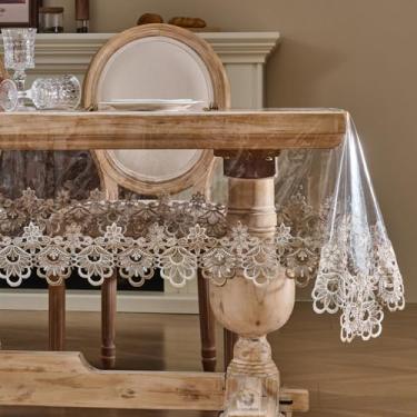 Imagem de Toalha de mesa retangular de vinil transparente com borda de macramê de renda, capa de mesa transparente, impermeável, limpável, protetor de mesa para cozinha, piquenique, acampamento, ambientes