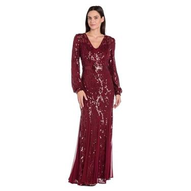 Imagem de R&M Richards Vestido feminino longo de malha de lantejoulas com decote em V, mangas blusão e inserções Godet - vestido formal para noite coquetel, Merlot, 46