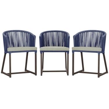 Imagem de 3 Cadeiras De Jantar Noronha Marrom Corda Náutica E3 Trama Azul