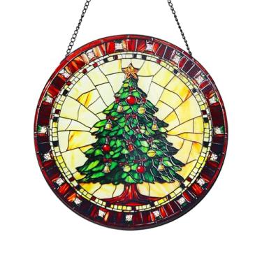 Imagem de Wkyqes Árvore de Natal verde feita à mão para pendurar em janela de vitral com corrente - 20 cm, decoração de arte externa/interna para jardim, casamento, mãe, dia dos namorados e enfeites de Natal