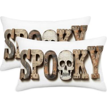 Imagem de Puacino Conjunto de 2 capas de almofada lombar assustadoras de Halloween, 30 x 50 cm, estampa de letras de caveira rústica, dupla face, para sofá, cama, capa de almofada de linho branco de fazenda