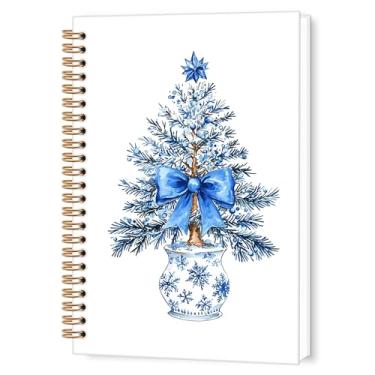 Imagem de TWRVI Caderno espiral de Natal Chinoiserie, caderno pautado na faculdade com árvore de Natal, para material de escritório escolar, azul e branco, cadernos modernos de diário preppy 14 x 8,7 cm, 164