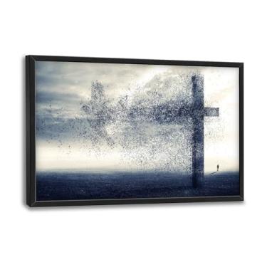 Imagem de Flintis Arte de parede de pomba grande cruz cristã decoração de parede religião abstrata pintura em tela impressão decoração emoldurada para sala de estar banheiro quarto mestre escritório 91 cm C x