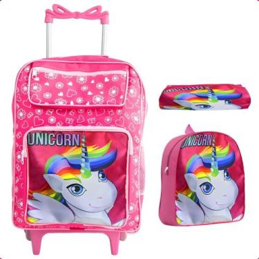 Imagem de kit Unicornio Mochila Escolar Infantil Rodinha Grande Cor Desenho Do T