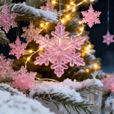 Imagem de 15 peças de enfeites de floco de neve de acrílico rosa, decoração de floco de neve de Natal para pendurar na árvore de Natal, ideal para casa, férias, inverno, país das maravilhas