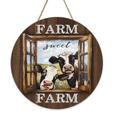 Imagem de Bolisom Placa engraçada para porta da frente de vaca de fazenda doce, cabide de madeira vintage com animais de fazenda ao ar livre, varanda, decoração de casa, guirlanda de madeira rústica para