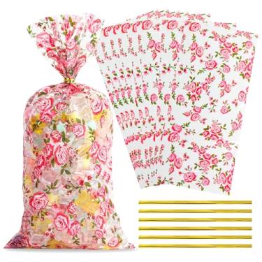 Imagem de Docvania Sacos de presente de plástico de celofane floral, 100 peças, 5 x 11 flores, sacos de biscoito com gravatas, saco de doces adequado para o dia das mães, dia dos namorados e festas de fim de