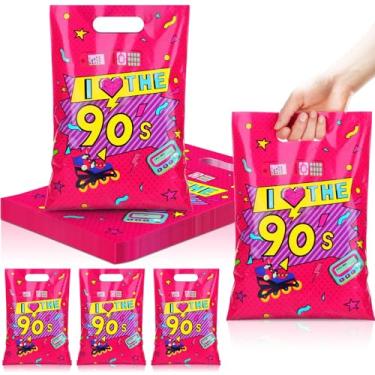 Imagem de Supervitae 100 unidades de sacos de lembrancinhas de festa dos anos 90 a granel 20 x 29 cm de plástico para doces e biscoitos com alças para decoração de presentes de festa com tema de aniversário