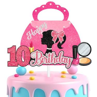 Imagem de Bolsa de maquiagem, topo de bolo, aniversário de 10 anos, feliz salto alto, batom, sombra, decoração de pincel de maquiagem, festa de aniversário de menina, suprimentos de decoração de perfume para