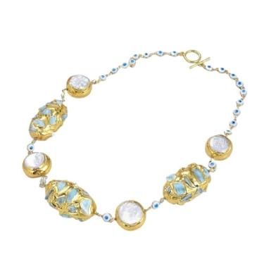 Imagem de OROAOBOMT Joias Moeda Branca Pérola Azul Larimar Banhado a Ouro Esmaltado Olhos Malignos Colar Gargantilha para Mulheres 53 cm