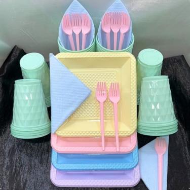 Imagem de Kit Festa Descartável 180 Itens Premium com Pratos Copos Talheres Cores Pastel para Aniversário (Sortidos Candy 01)