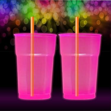 Imagem de Kit 100 Copos Neon 300ml com Canudos Mexedores Premium – Copos Coloridos para Festa Aniversário e Drinks (Rosa)