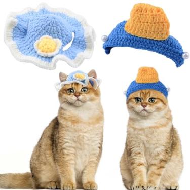 Imagem de HACRAHO Lindo chapéu de malha para gatos, 2 peças, chapéu de gato de pérola e flores de ovo, chapéus de crochê feitos à mão para cães de inverno, gorro de lã de tricô de inverno, fantasia de festa de