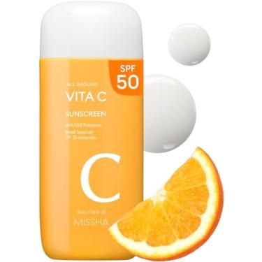 Imagem de MISSHA Protetor solar All Around Vita C FPS 50/2,36 Fl Oz - Protetor solar coreano para rosto com vitamina C para um tom uniforme, leve, não pegajoso, controle de sebo