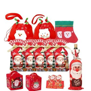 Imagem de SolaceWood Conjunto de 20 sacos e decorações de presente de Natal, 10 sacos de presente, 2 sacos de pano com cordão, 1 saco de vinho de pano, 2 meias, 5 caixas de doces, 20 cartões comemorativos