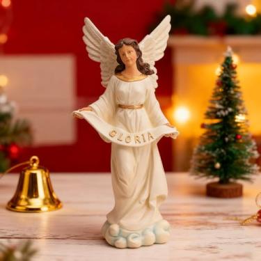 Imagem de MeritMode Estatueta de anjo Gloria 38 cm, estátua de anjo de Natal de resina com detalhes dourados, decoração religiosa de Natal para presépio, presente de decoração de anjo da guarda de mesa