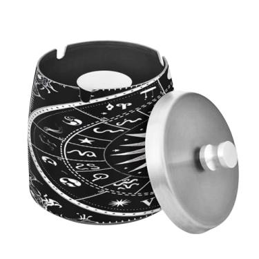 Imagem de Blueangle Cinzeiro de símbolos do zodíaco com tampa para cigarros, à prova de vento/chuva, aço inoxidável, sem fumaça, inodoro, cinzeiro para uso interno ou externo (259)